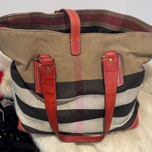 Burberry Canvas Tote with Black, Cream & Red Trim